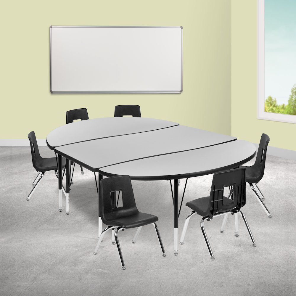 76" Oval Wave Activity Table Set with 14" Student Stack Chairs, Grey/Black. Picture 2