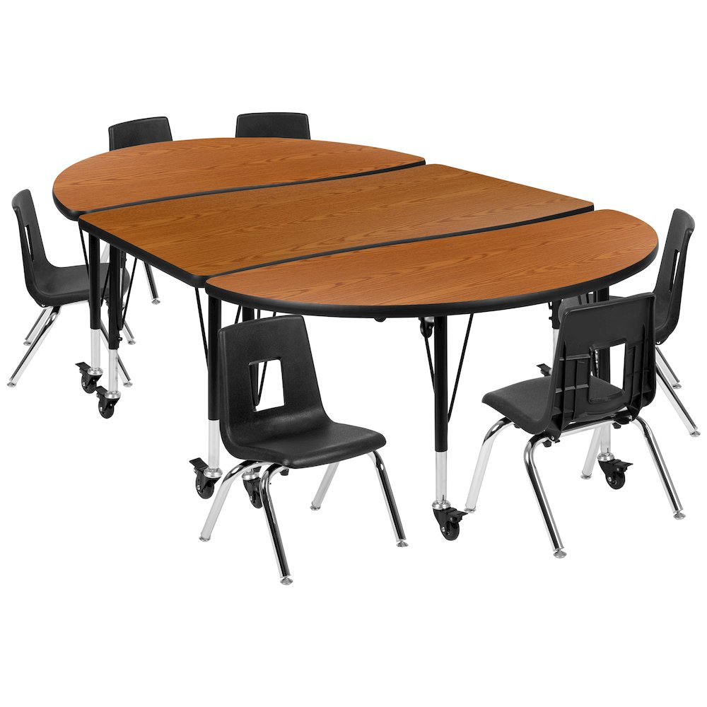 Mobile 76" Oval Wave Activity Table Set with 14" Student Stack Chairs, Oak/Black. Picture 1