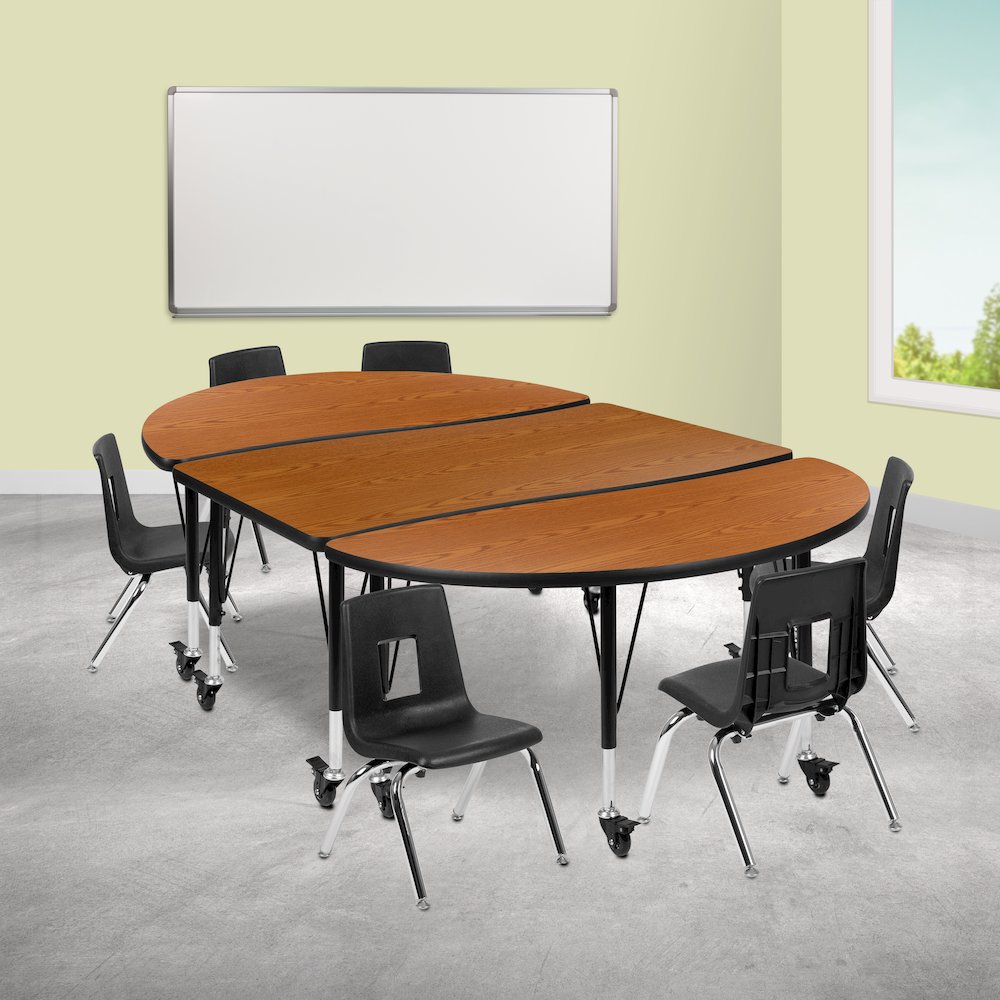 Mobile 76" Oval Wave Activity Table Set with 14" Student Stack Chairs, Oak/Black. Picture 2