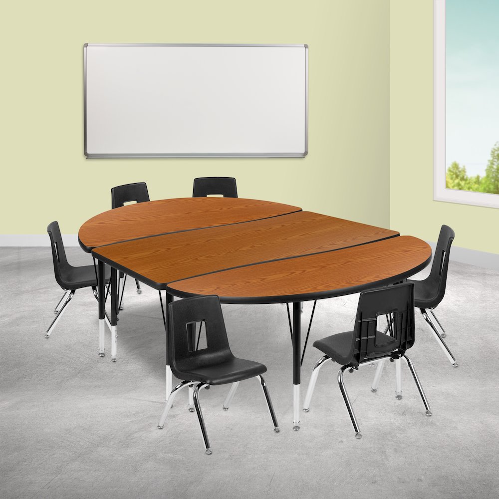 76" Oval Wave Activity Table Set with 14" Student Stack Chairs, Oak/Black. Picture 2