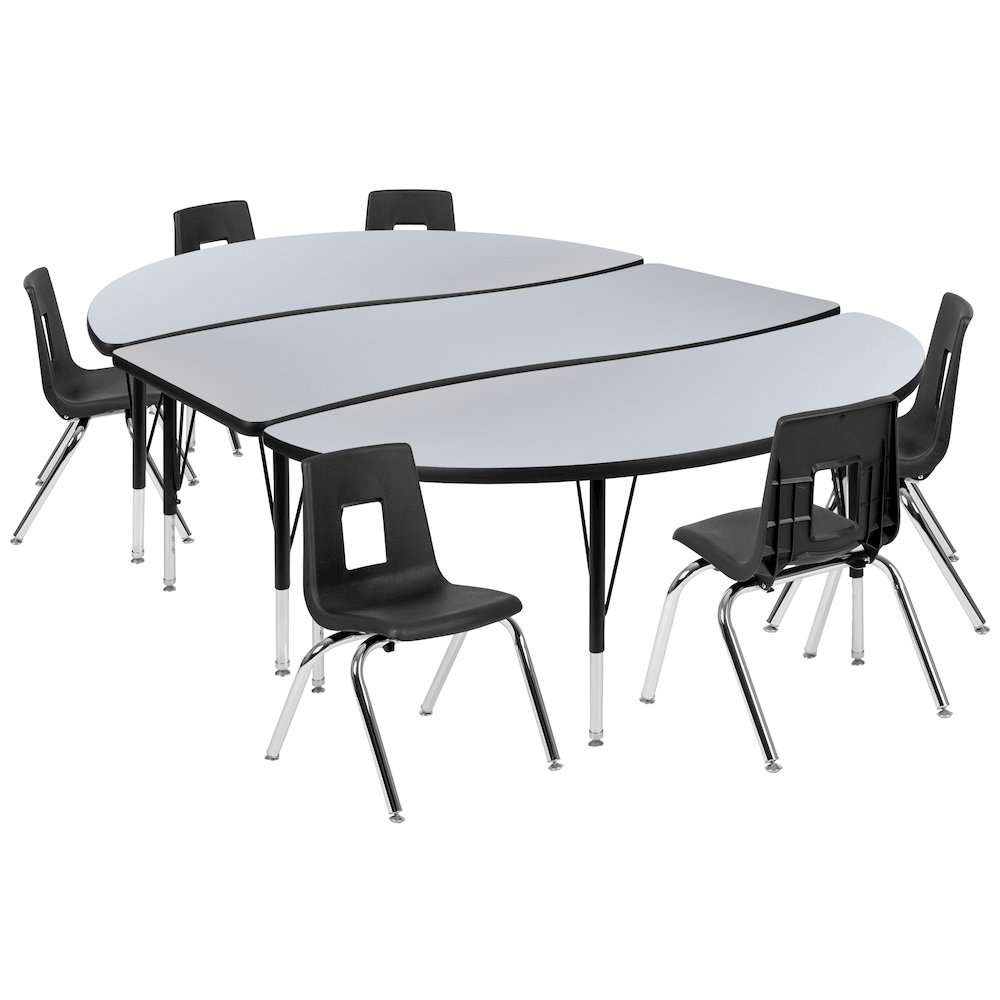 86" Oval Wave Activity Table Set with 14" Student Stack Chairs, Grey/Black. Picture 1
