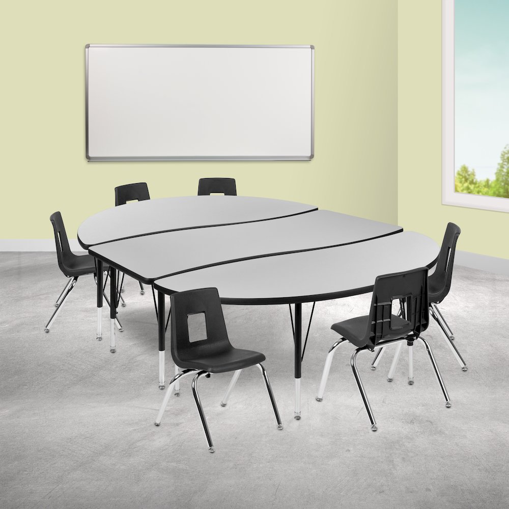 86" Oval Wave Activity Table Set with 14" Student Stack Chairs, Grey/Black. Picture 2