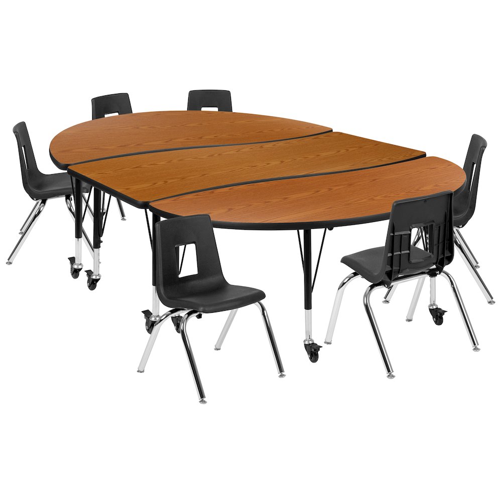 Mobile 86" Oval Wave Activity Table Set with 14" Student Stack Chairs, Oak/Black. Picture 1