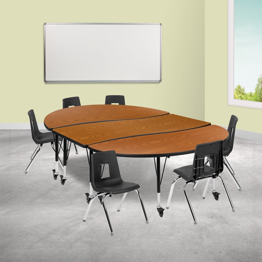 Mobile 86" Oval Wave Activity Table Set with 14" Student Stack Chairs, Oak/Black. Picture 2