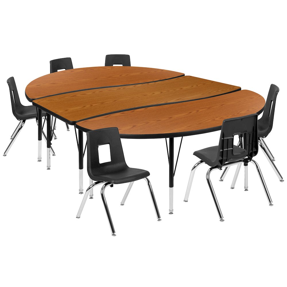 86" Oval Wave Activity Table Set with 14" Student Stack Chairs, Oak/Black. Picture 1