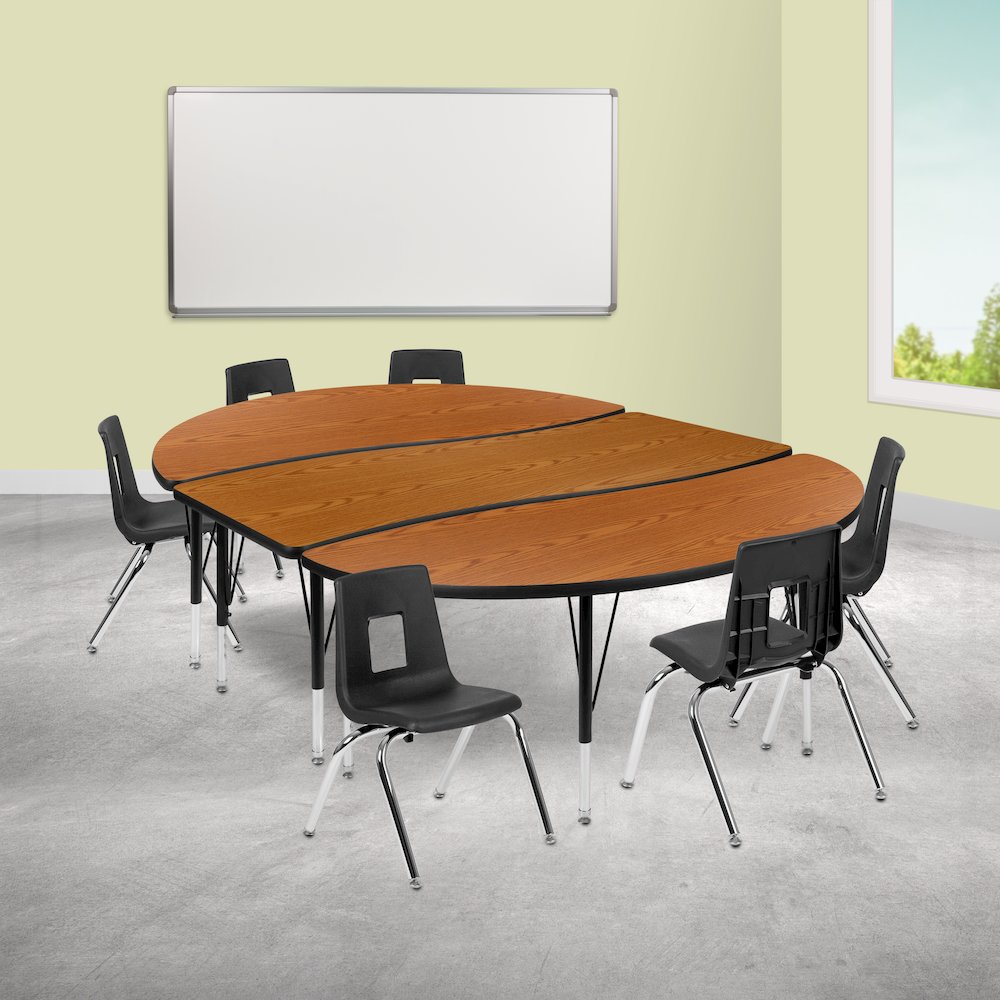 86" Oval Wave Activity Table Set with 14" Student Stack Chairs, Oak/Black. Picture 2