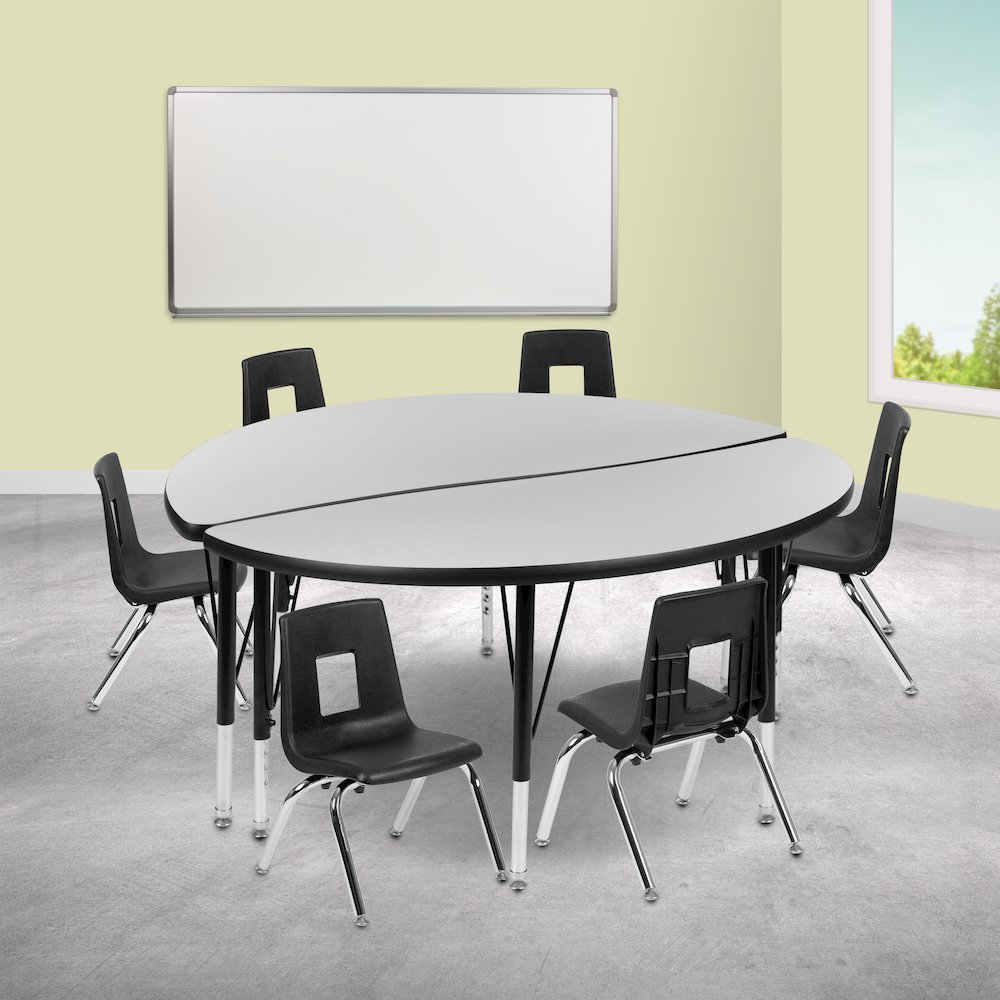 47.5" Circle Wave Activity Table Set with 14" Student Stack Chairs, Grey/Black. Picture 2