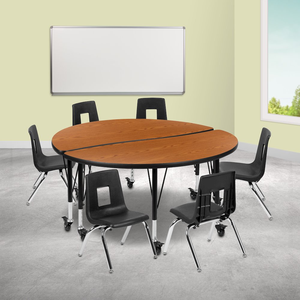 Mobile 47.5" Table Set with 14" Student Stack Chairs, Oak/Black. Picture 2