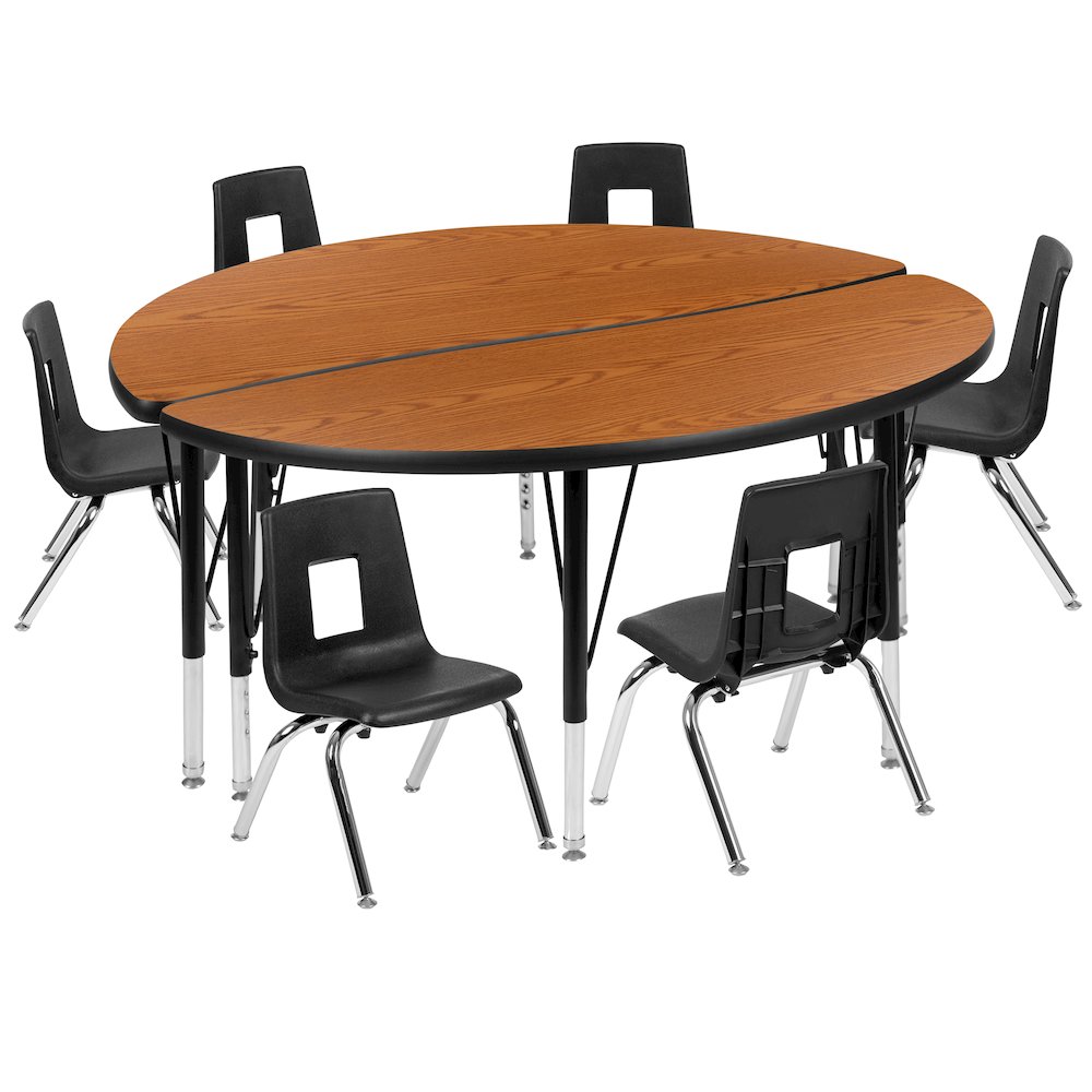 47.5" Circle Wave Activity Table Set with 14" Student Stack Chairs, Oak/Black. Picture 1