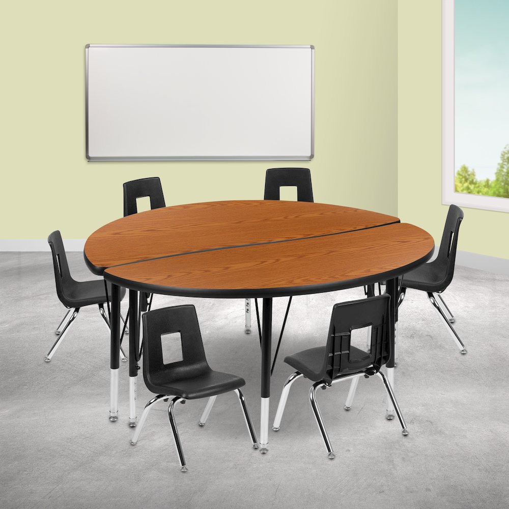 47.5" Circle Wave Activity Table Set with 14" Student Stack Chairs, Oak/Black. Picture 2
