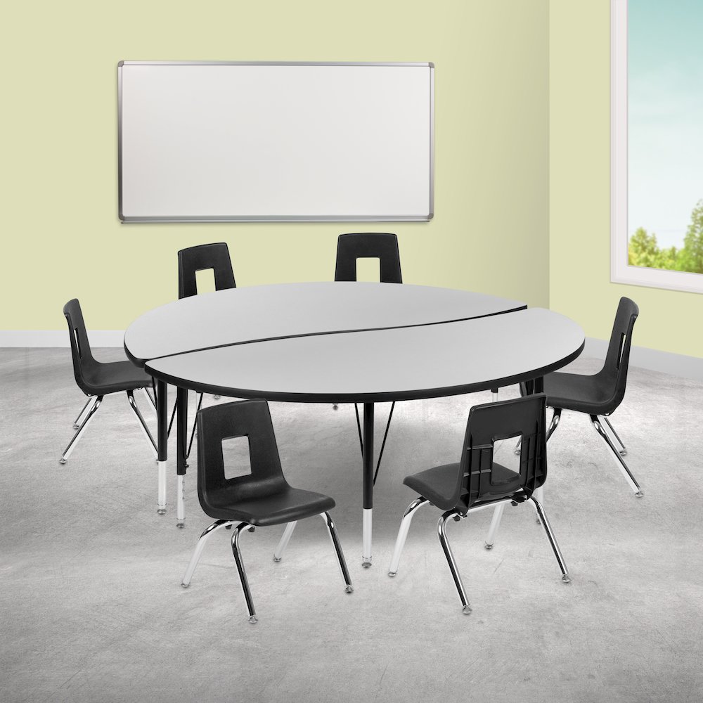 60" Circle Wave Activity Table Set with 14" Student Stack Chairs, Grey/Black. Picture 2