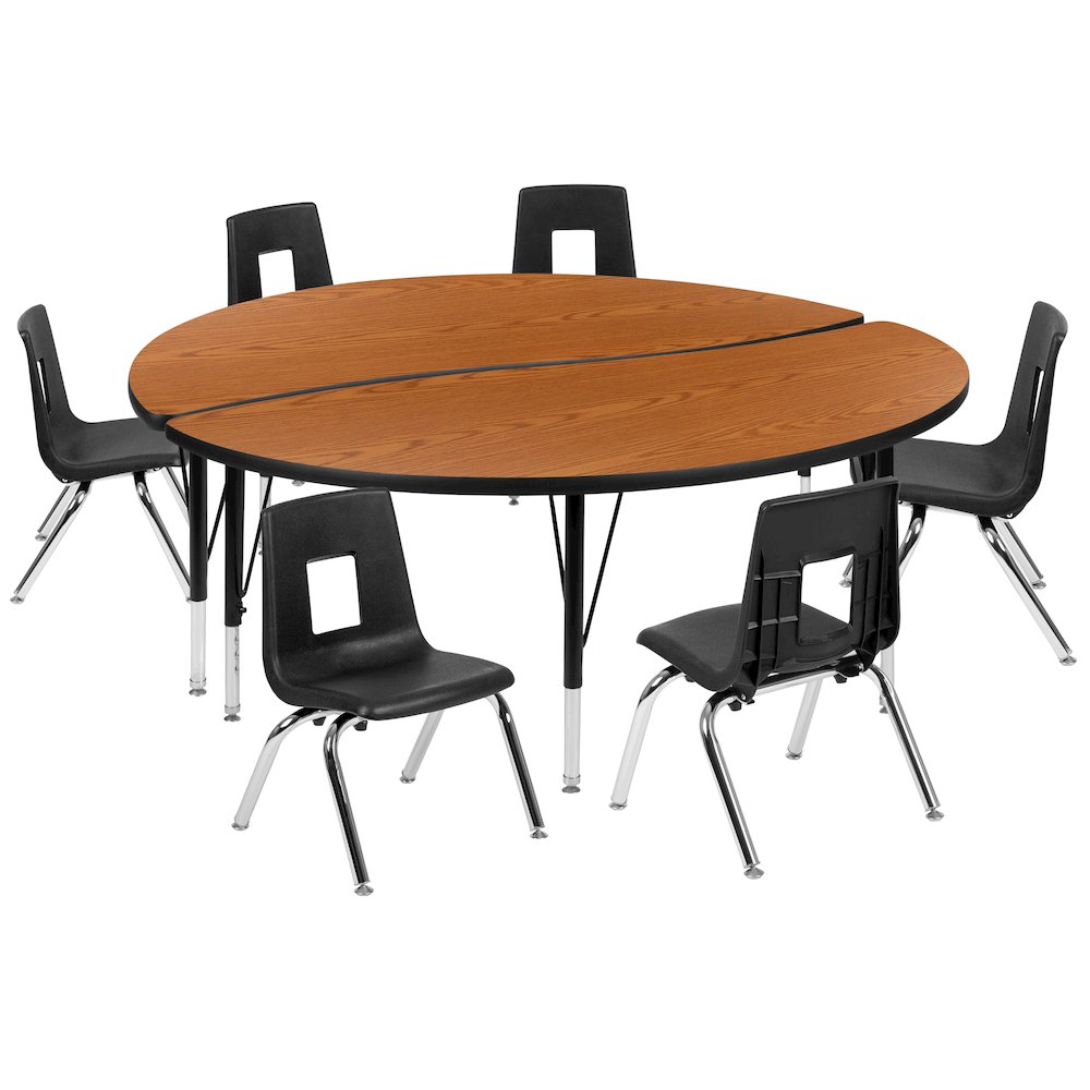 60" Circle Wave Activity Table Set with 14" Student Stack Chairs, Oak/Black. Picture 1