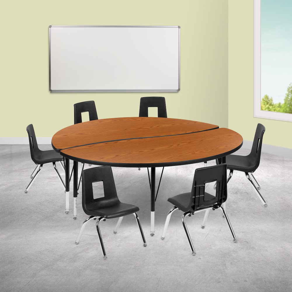 60" Circle Wave Activity Table Set with 14" Student Stack Chairs, Oak/Black. Picture 2