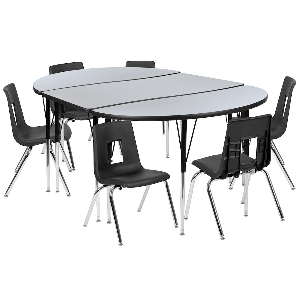 76" Oval Wave Activity Table Set with 16" Student Stack Chairs, Grey/Black. Picture 1