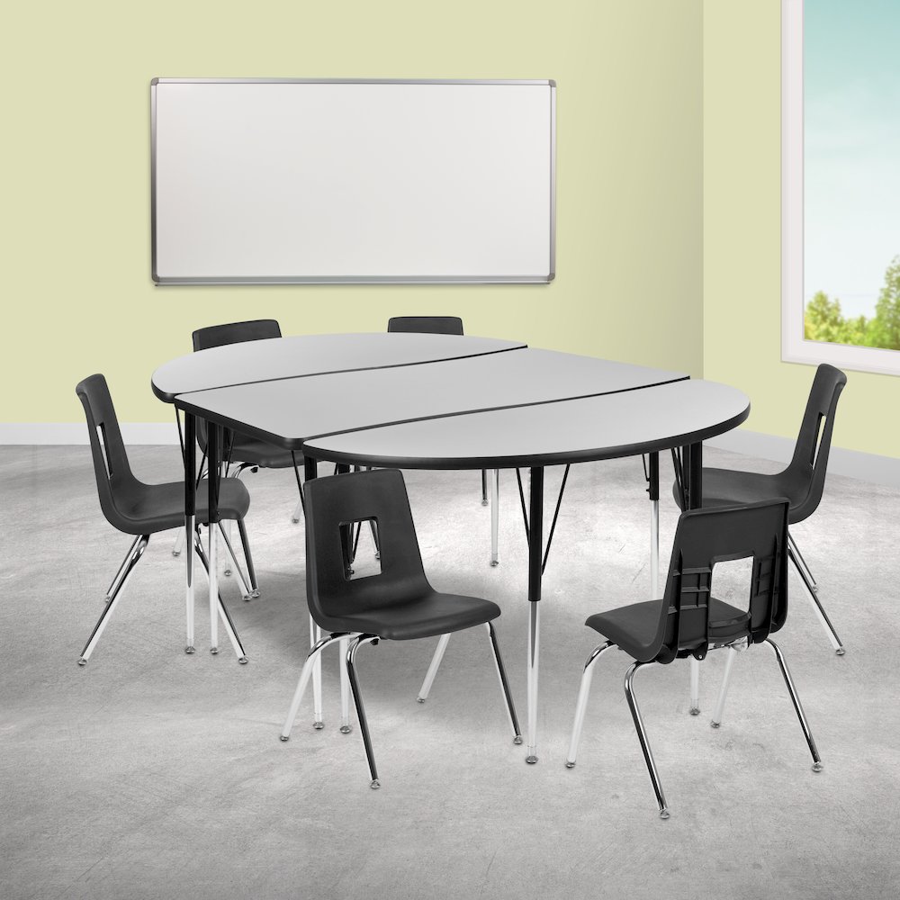 76" Oval Wave Activity Table Set with 16" Student Stack Chairs, Grey/Black. Picture 2