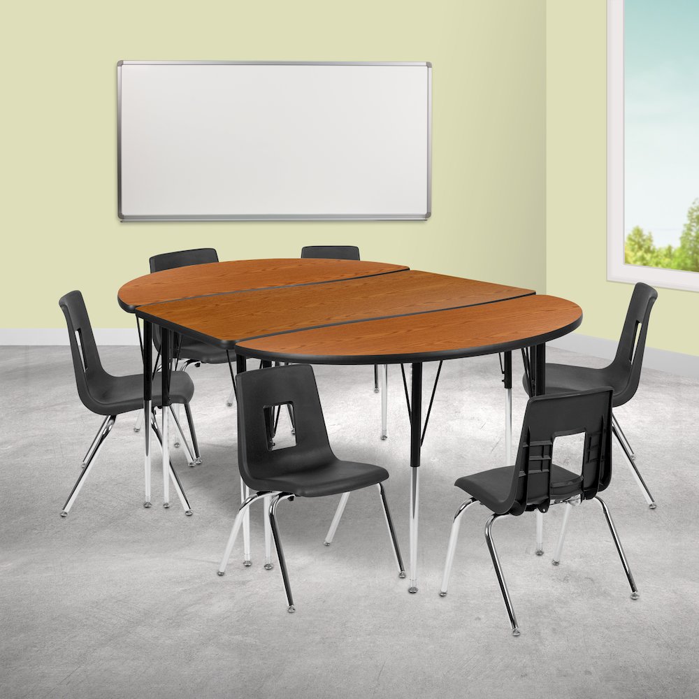 76" Oval Wave Activity Table Set with 16" Student Stack Chairs, Oak/Black. Picture 2