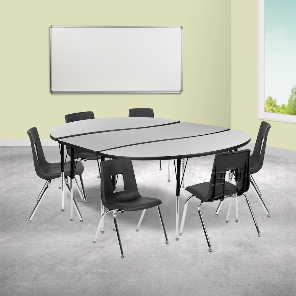 86" Oval Wave Activity Table Set with 16" Student Stack Chairs, Grey/Black. Picture 2