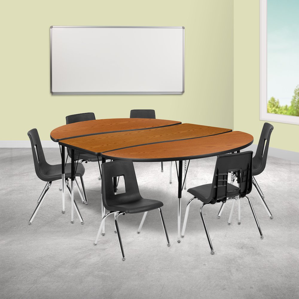 86" Oval Wave Activity Table Set with 16" Student Stack Chairs, Oak/Black. Picture 2