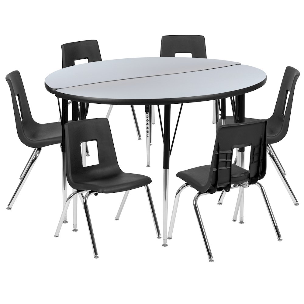 47.5" Circle Wave Activity Table Set with 16" Student Stack Chairs, Grey/Black. Picture 1
