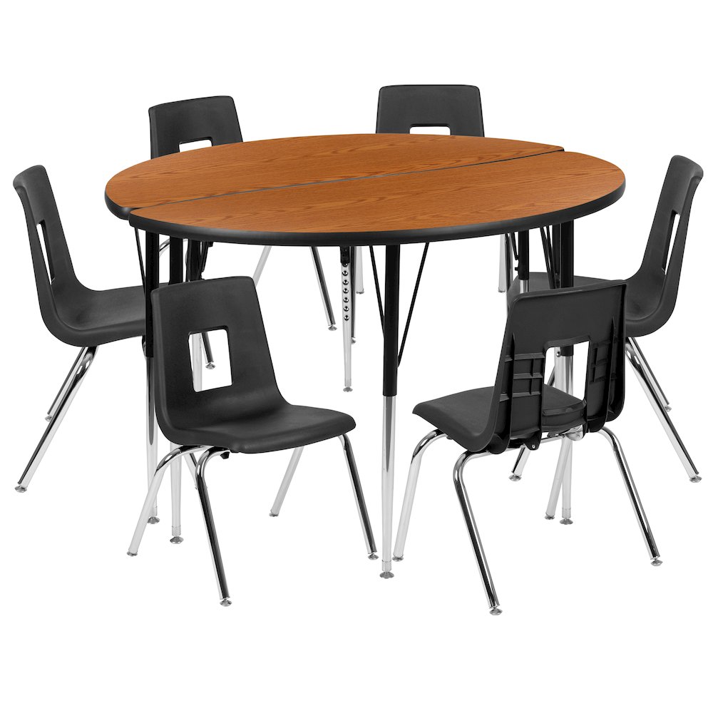 47.5" Circle Wave Activity Table Set with 16" Student Stack Chairs, Oak/Black. Picture 1