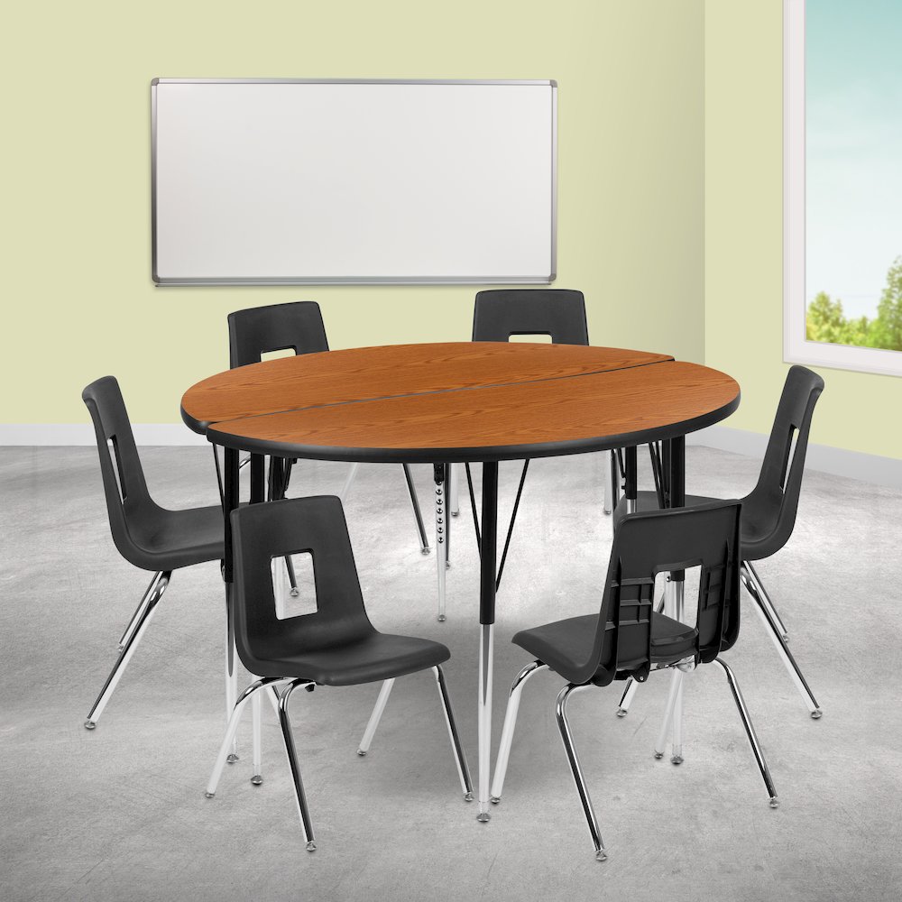 47.5" Circle Wave Activity Table Set with 16" Student Stack Chairs, Oak/Black. Picture 2