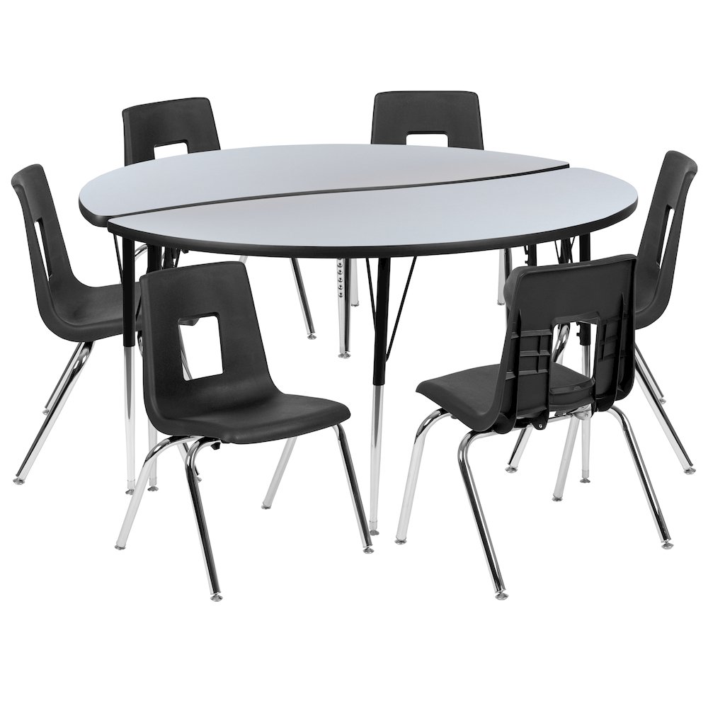 60" Circle Wave Activity Table Set with 16" Student Stack Chairs, Grey/Black. Picture 1