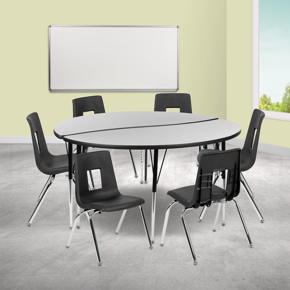 60" Circle Wave Activity Table Set with 16" Student Stack Chairs, Grey/Black. Picture 2