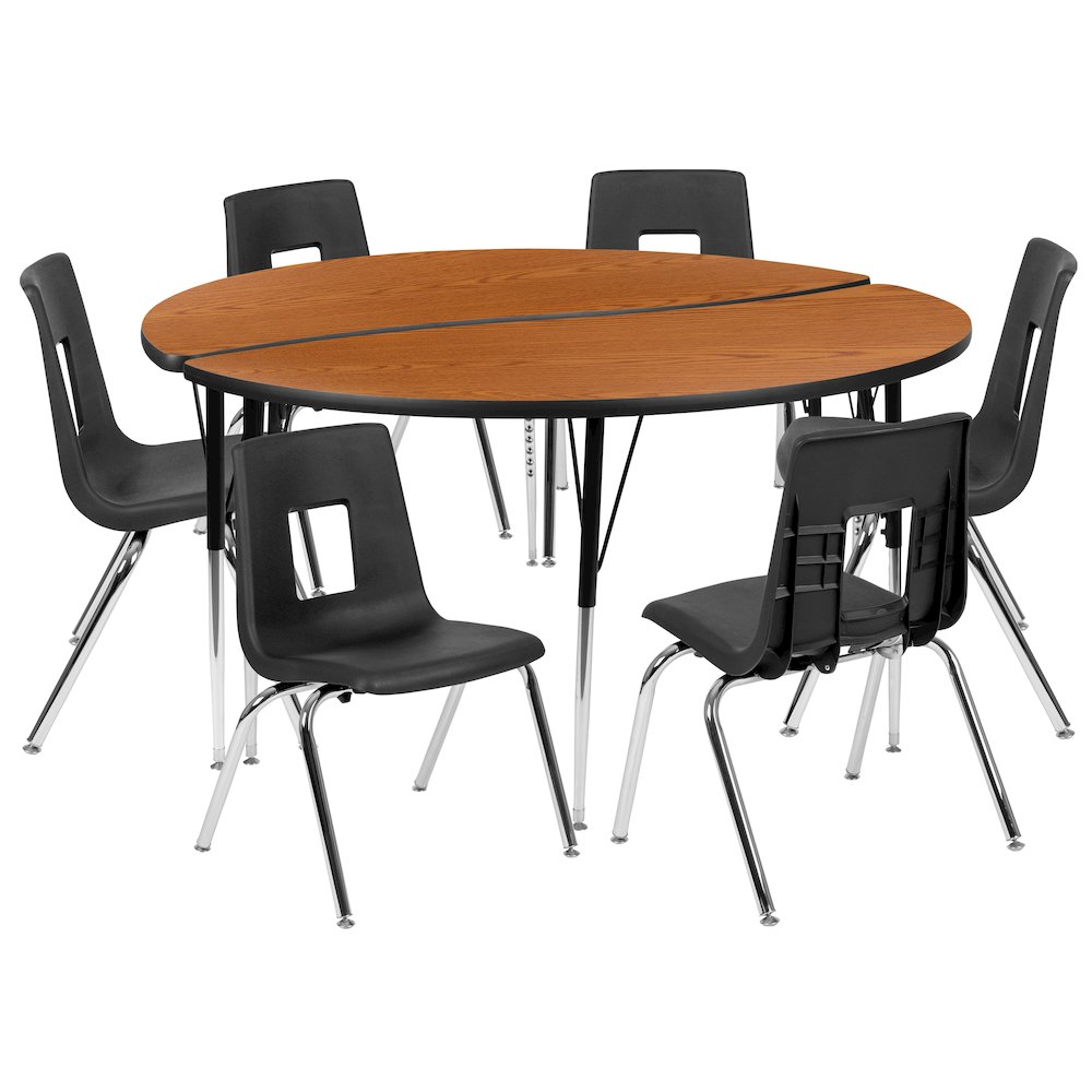 60" Circle Wave Activity Table Set with 16" Student Stack Chairs, Oak/Black. Picture 1