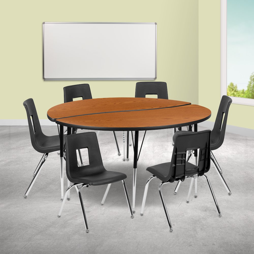 60" Circle Wave Activity Table Set with 16" Student Stack Chairs, Oak/Black. Picture 2