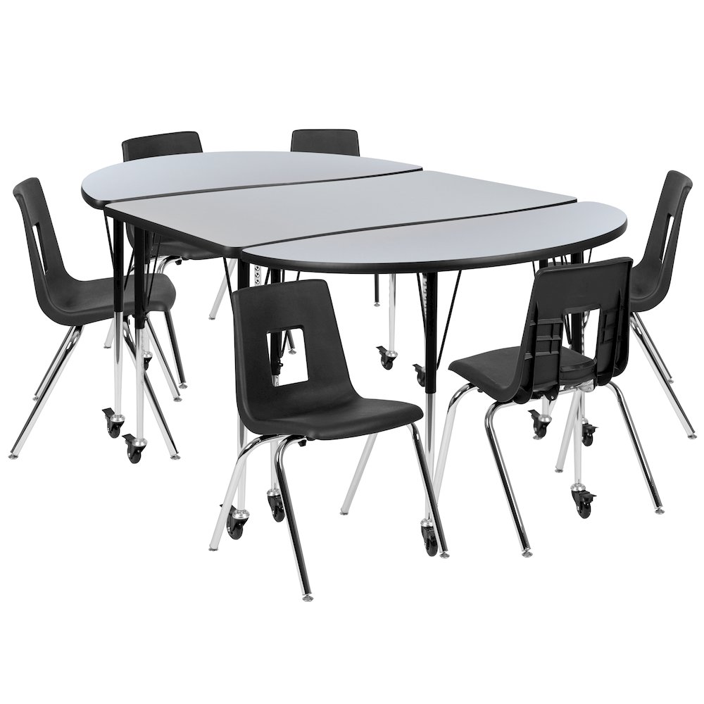 Mobile 76" Wave Activity Table Set with 18" Student Stack Chairs, Grey/Black. Picture 1