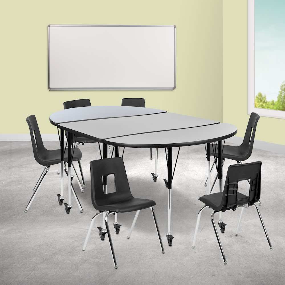 Mobile 76" Wave Activity Table Set with 18" Student Stack Chairs, Grey/Black. Picture 2