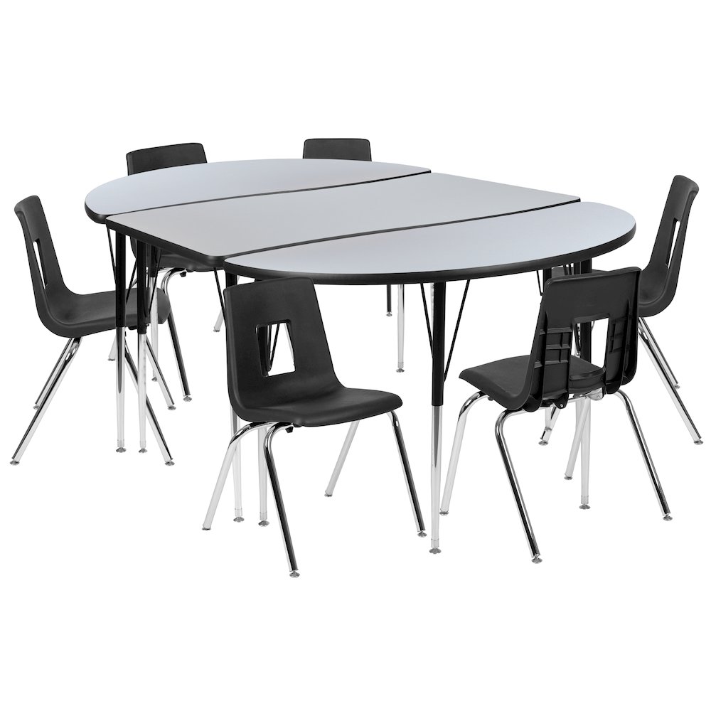 76" Oval Wave Activity Table Set with 18" Student Stack Chairs, Grey/Black. Picture 1