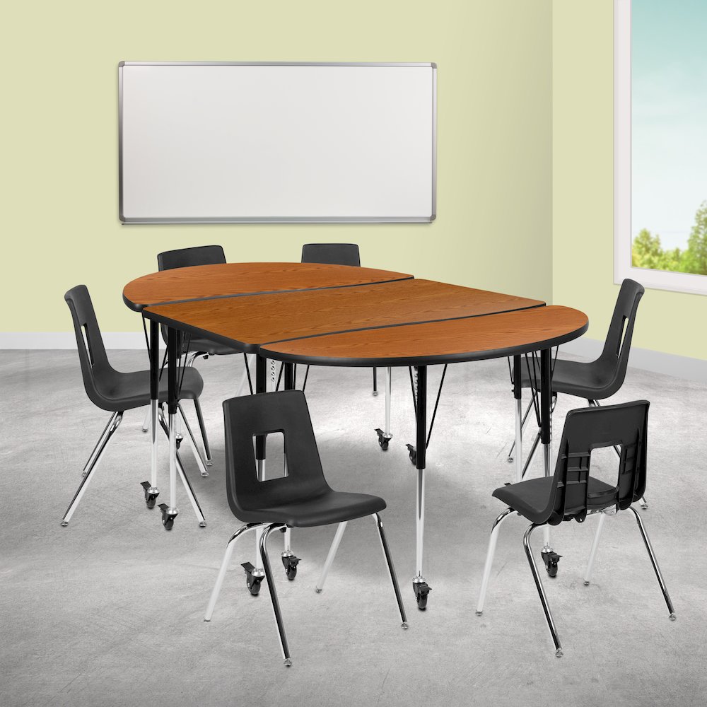 Mobile 76" Oval Wave Activity Table Set with 18" Student Stack Chairs, Oak/Black. Picture 2