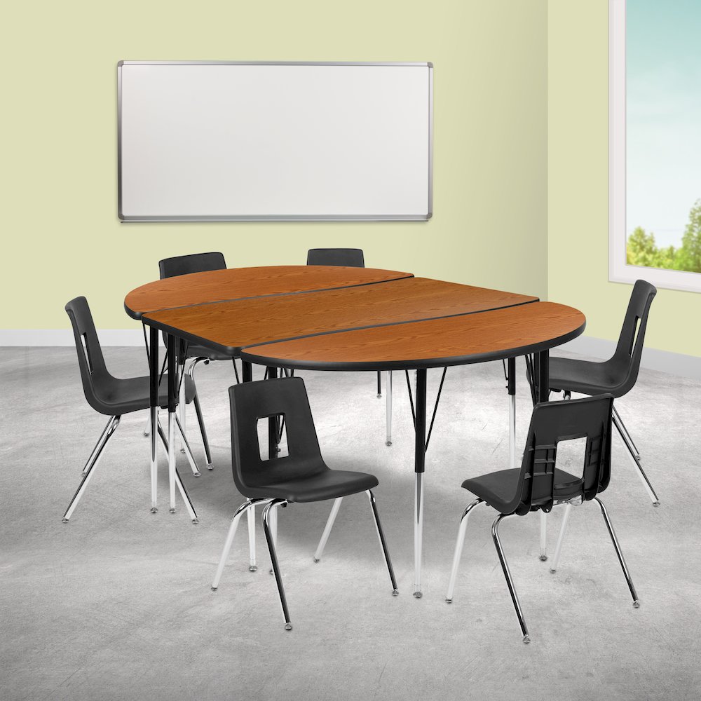 76" Oval Wave Activity Table Set with 18" Student Stack Chairs, Oak/Black. Picture 2