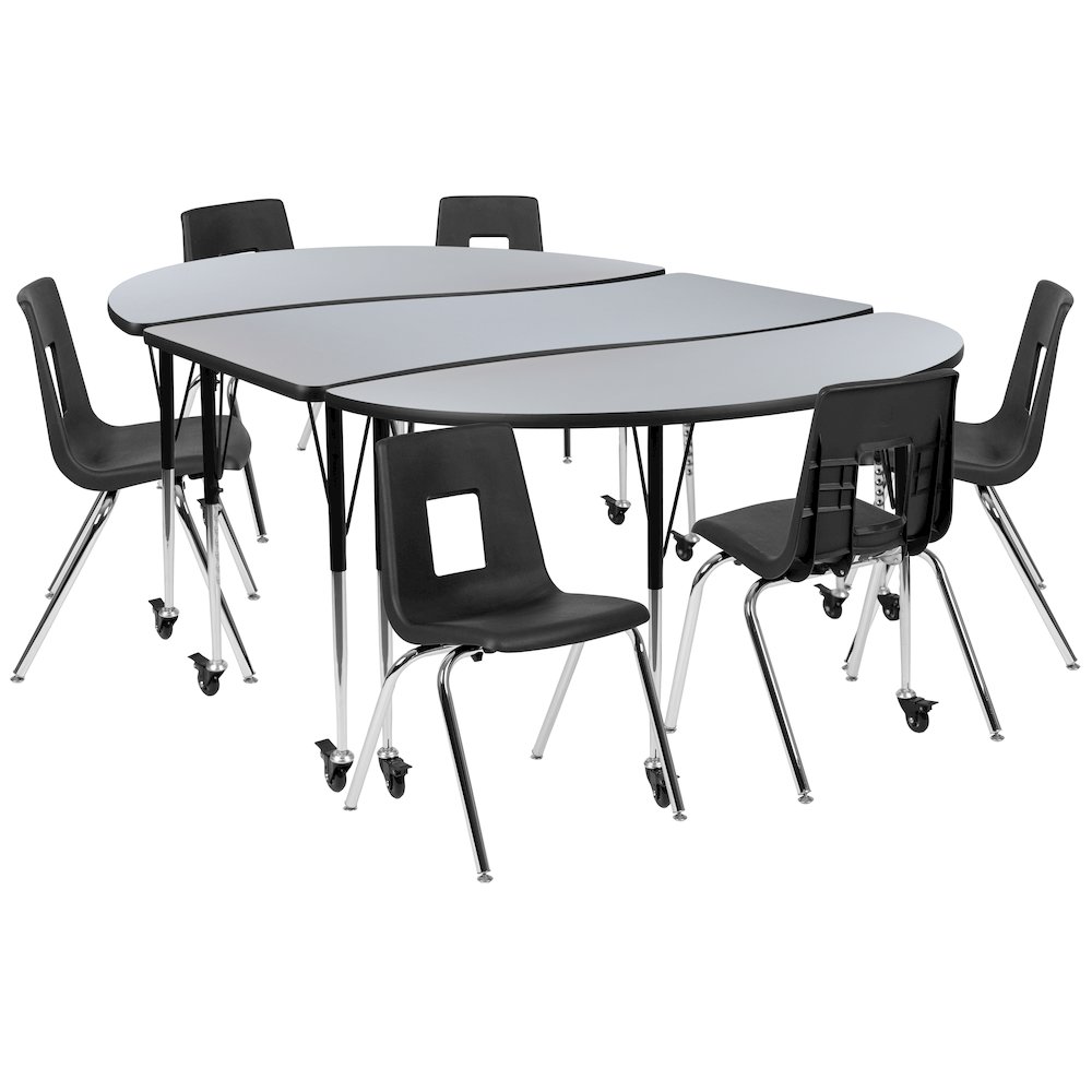 Mobile 86" Wave Activity Table Set with 18" Student Stack Chairs, Grey/Black. Picture 1