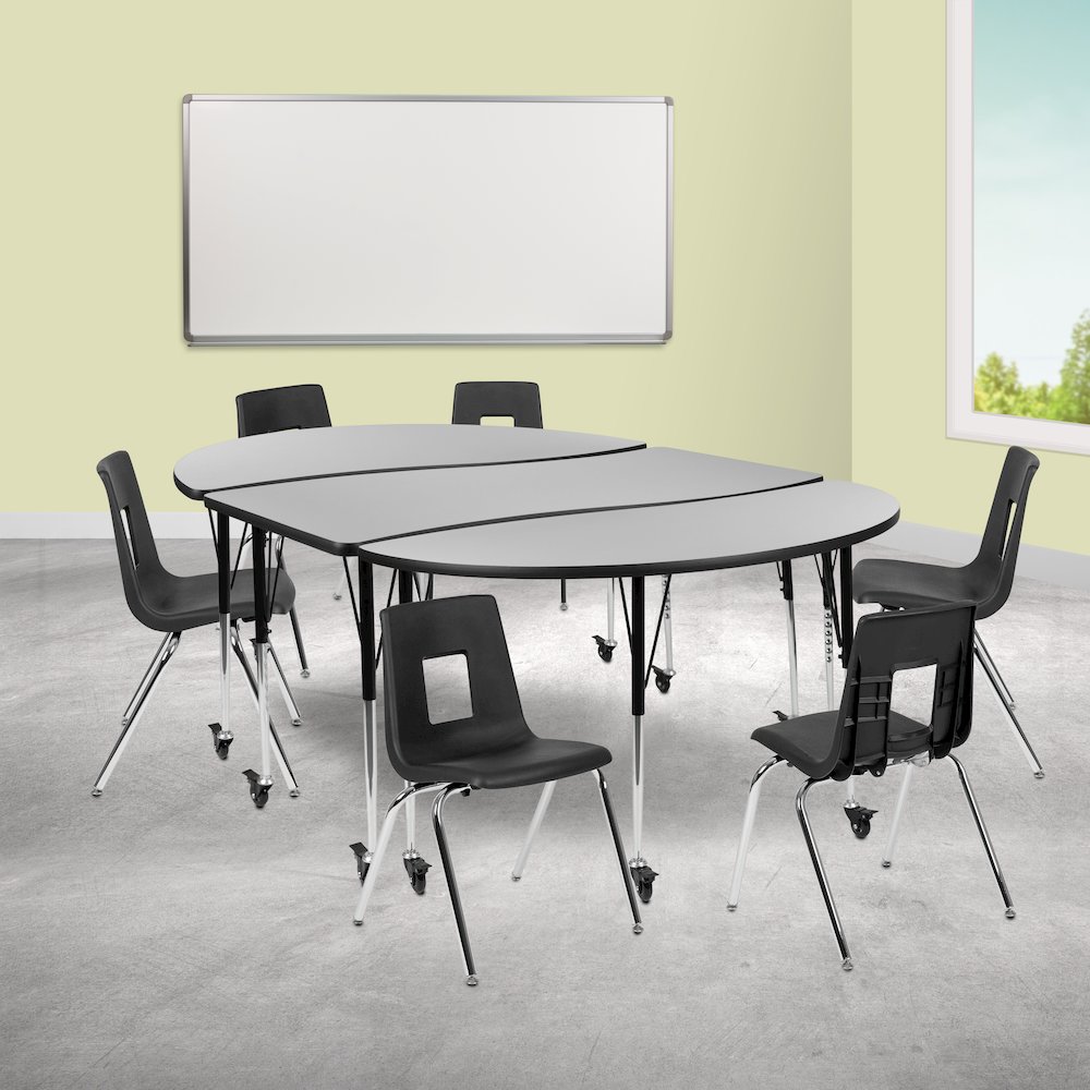 Mobile 86" Wave Activity Table Set with 18" Student Stack Chairs, Grey/Black. Picture 2