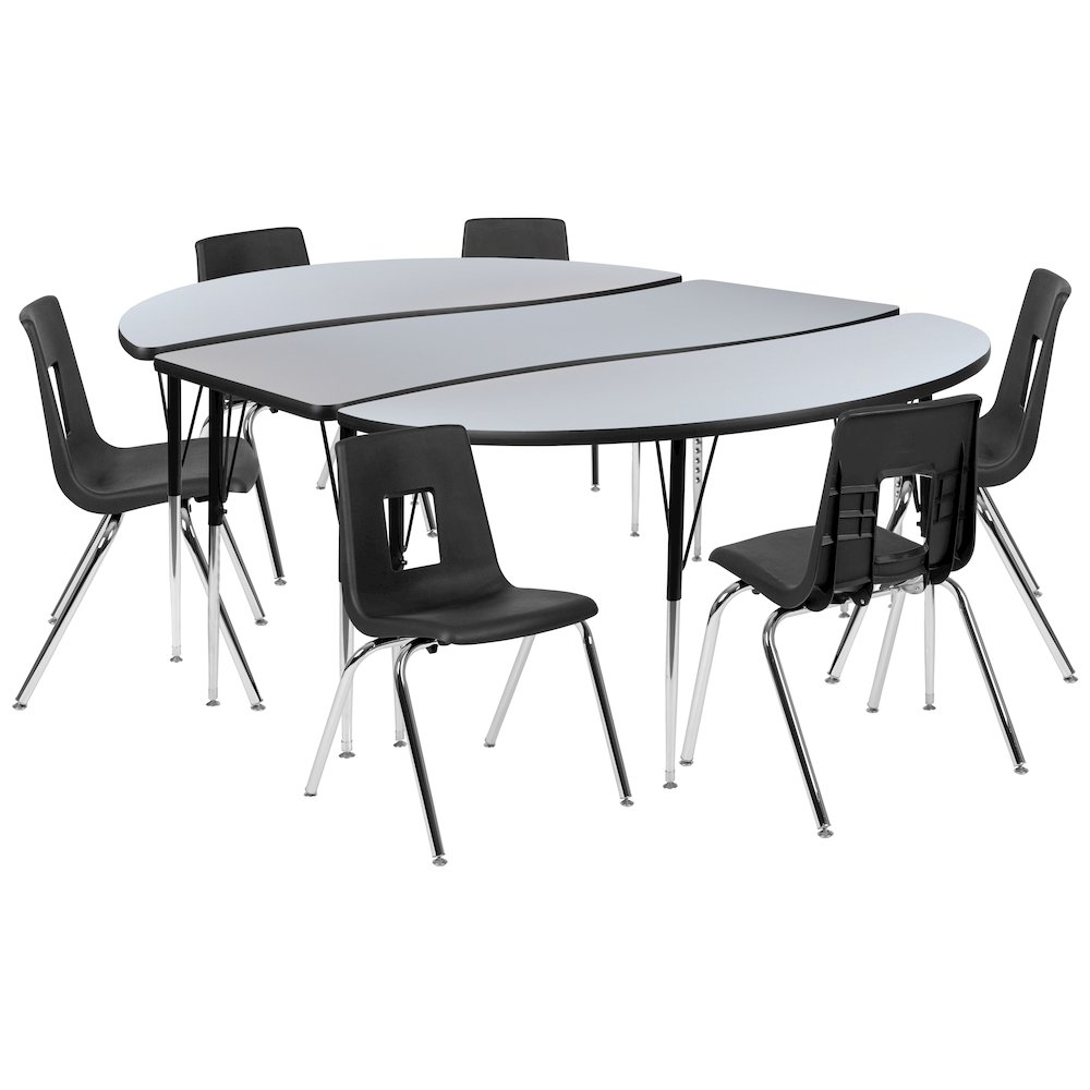 86" Oval Wave Activity Table Set with 18" Student Stack Chairs, Grey/Black. Picture 1