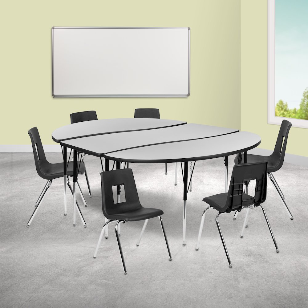 86" Oval Wave Activity Table Set with 18" Student Stack Chairs, Grey/Black. Picture 2