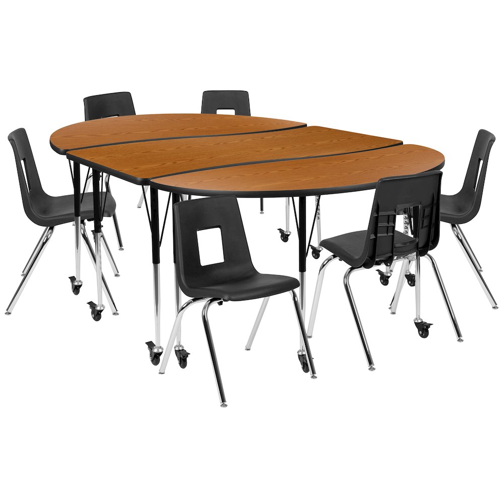 Mobile 86" Oval Wave Activity Table Set with 18" Student Stack Chairs, Oak/Black. Picture 1