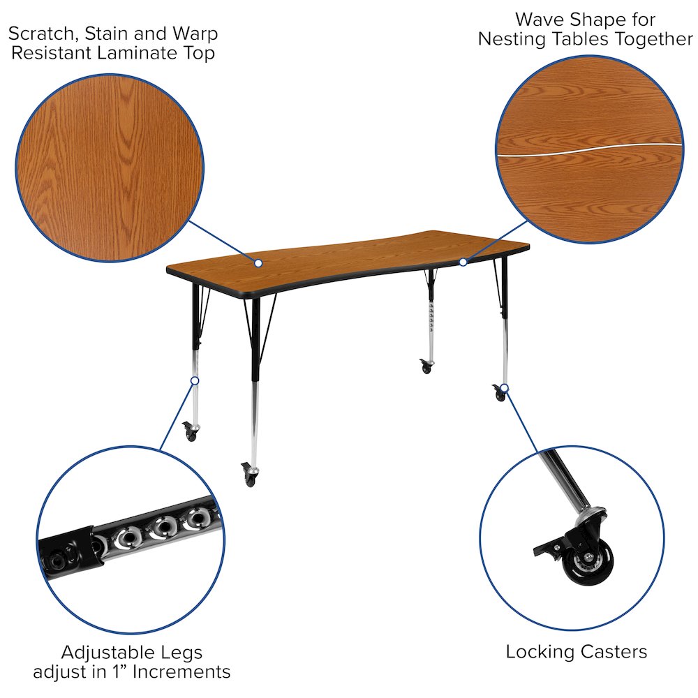 Mobile 86" Oval Wave Activity Table Set with 18" Student Stack Chairs, Oak/Black. Picture 5