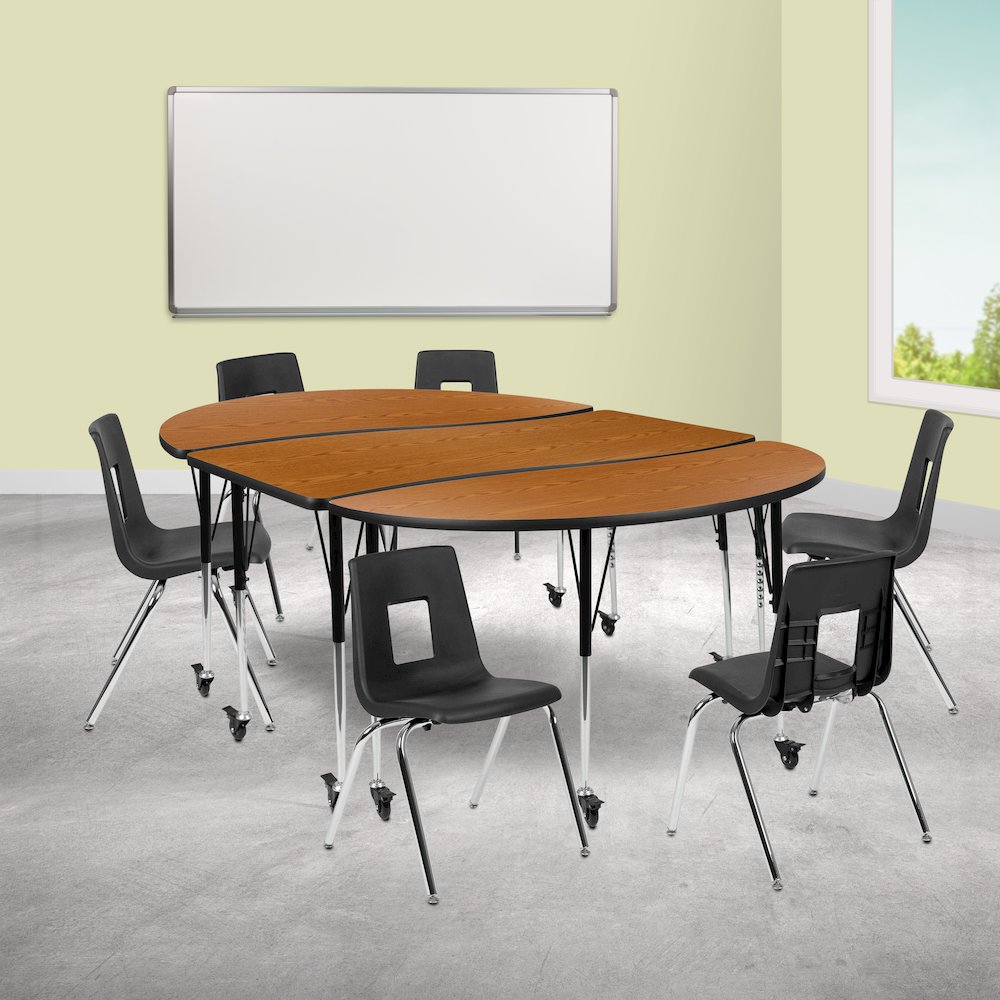 Mobile 86" Oval Wave Activity Table Set with 18" Student Stack Chairs, Oak/Black. Picture 2