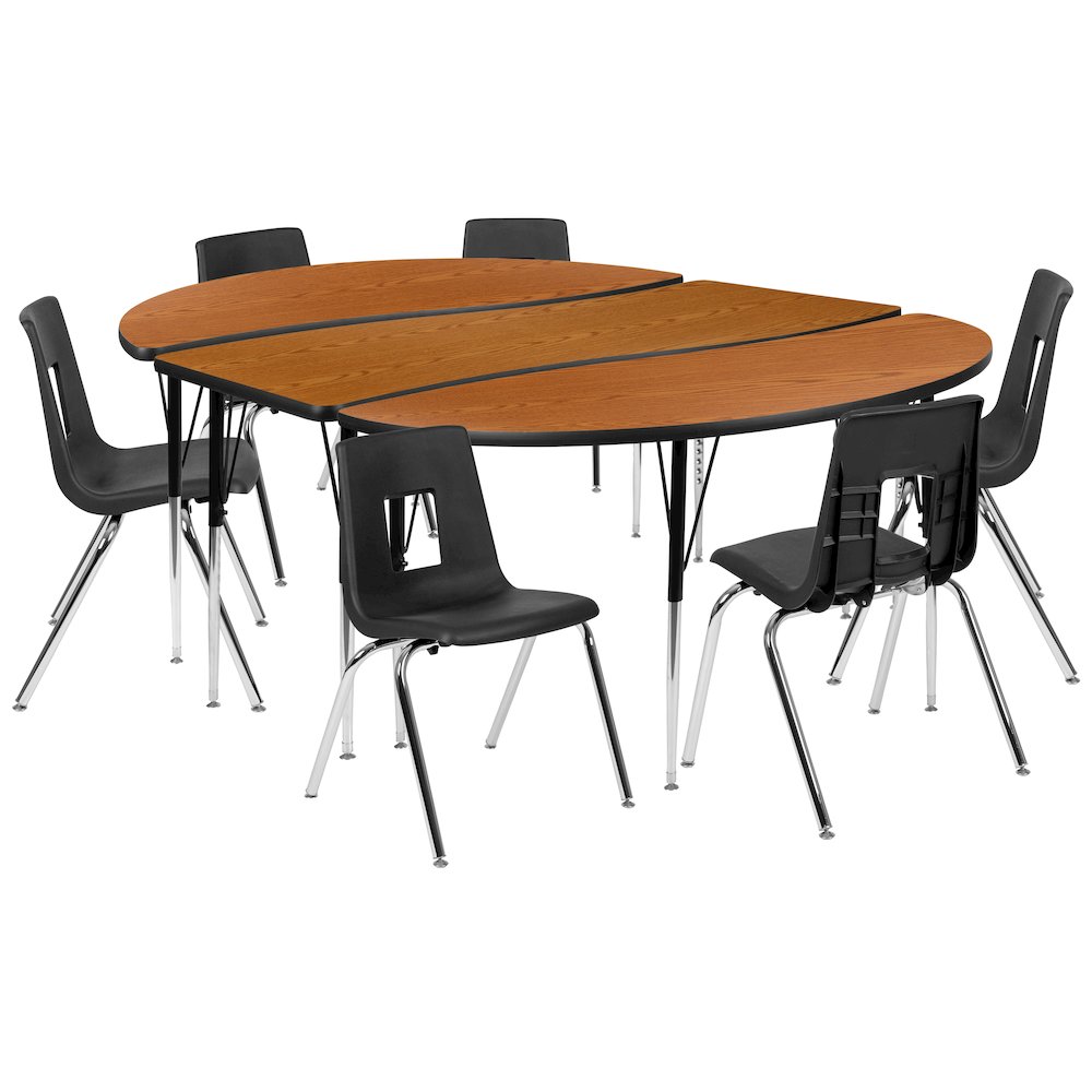 86" Oval Wave Activity Table Set with 18" Student Stack Chairs, Oak/Black. Picture 1
