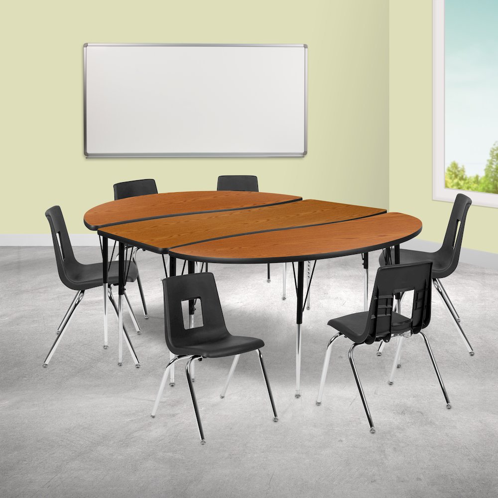 86" Oval Wave Activity Table Set with 18" Student Stack Chairs, Oak/Black. Picture 2