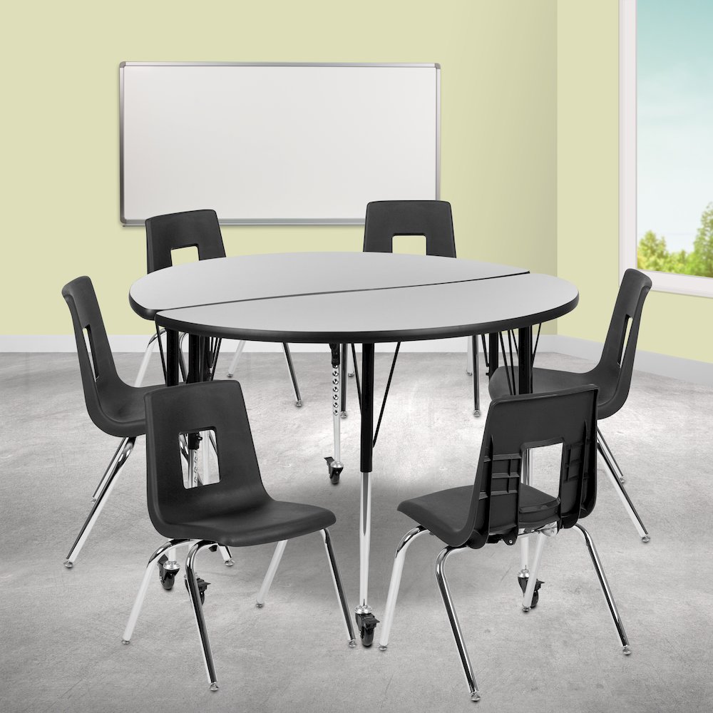 Mobile 47.5" Table Set with 18" Student Stack Chairs, Grey/Black. Picture 2