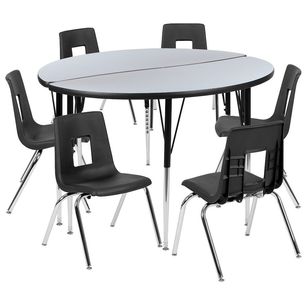 47.5" Circle Wave Activity Table Set with 18" Student Stack Chairs, Grey/Black. Picture 1