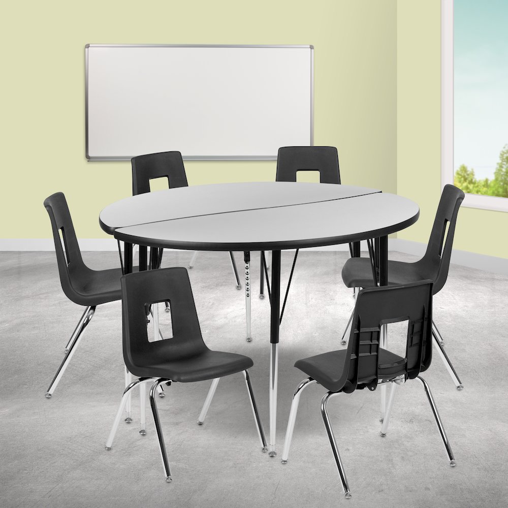 47.5" Circle Wave Activity Table Set with 18" Student Stack Chairs, Grey/Black. Picture 2