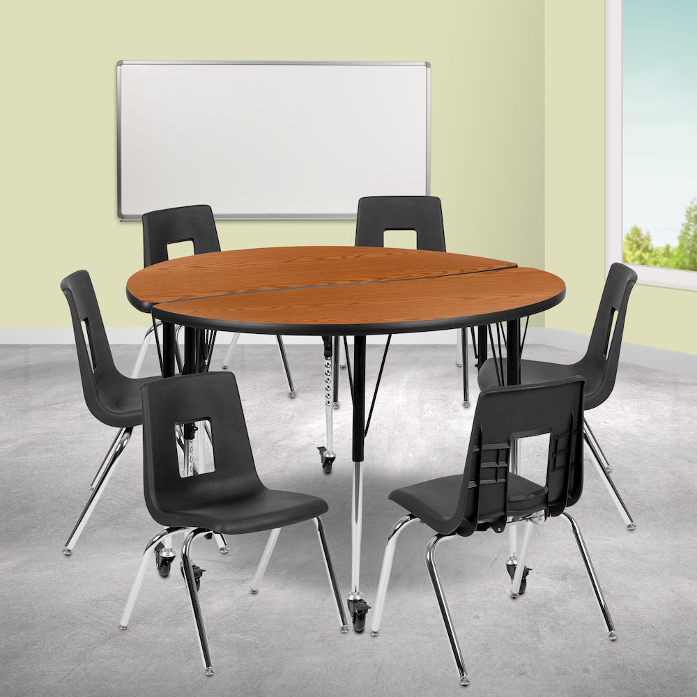 Mobile 47.5" Table Set with 18" Student Stack Chairs, Oak/Black. Picture 2
