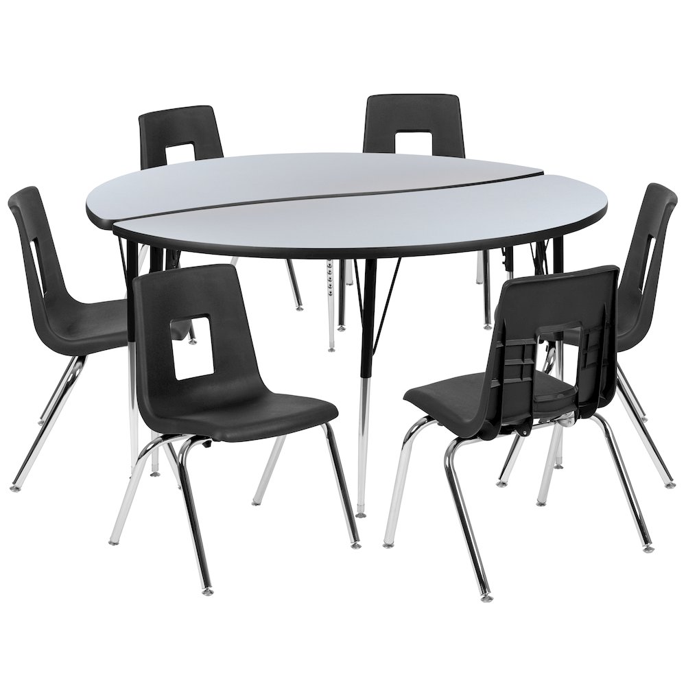 60" Circle Wave Activity Table Set with 18" Student Stack Chairs, Grey/Black. Picture 1