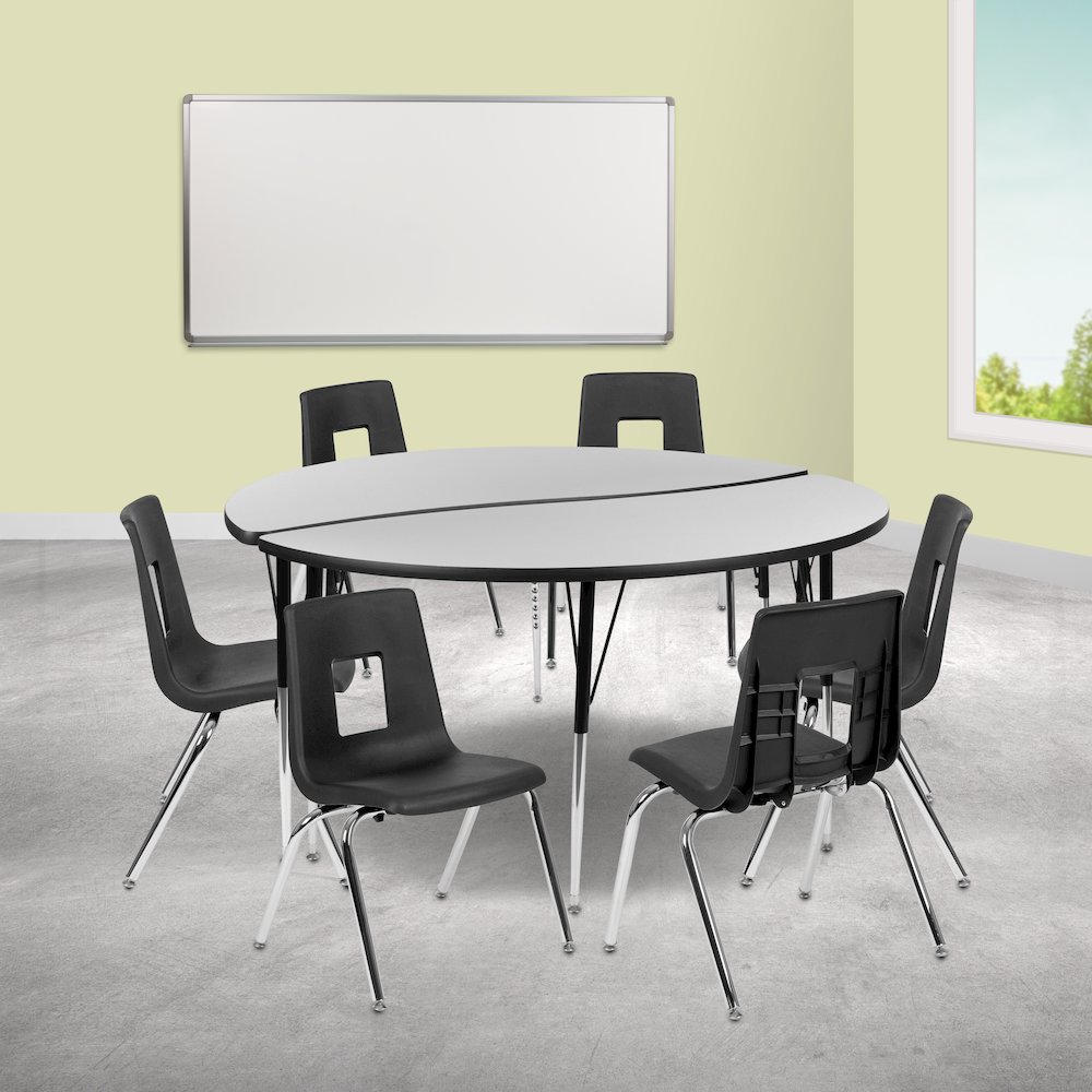 60" Circle Wave Activity Table Set with 18" Student Stack Chairs, Grey/Black. Picture 2