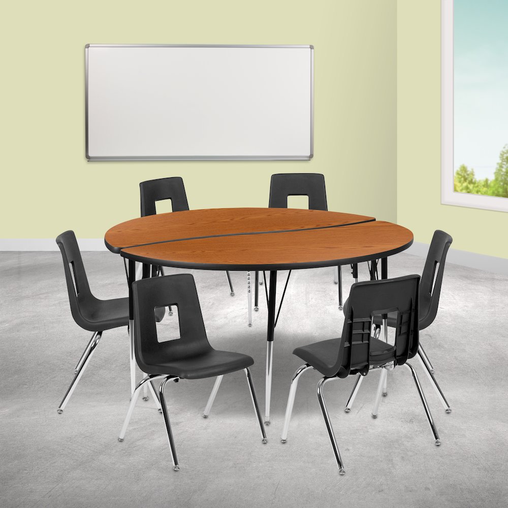 60" Circle Wave Activity Table Set with 18" Student Stack Chairs, Oak/Black. Picture 2
